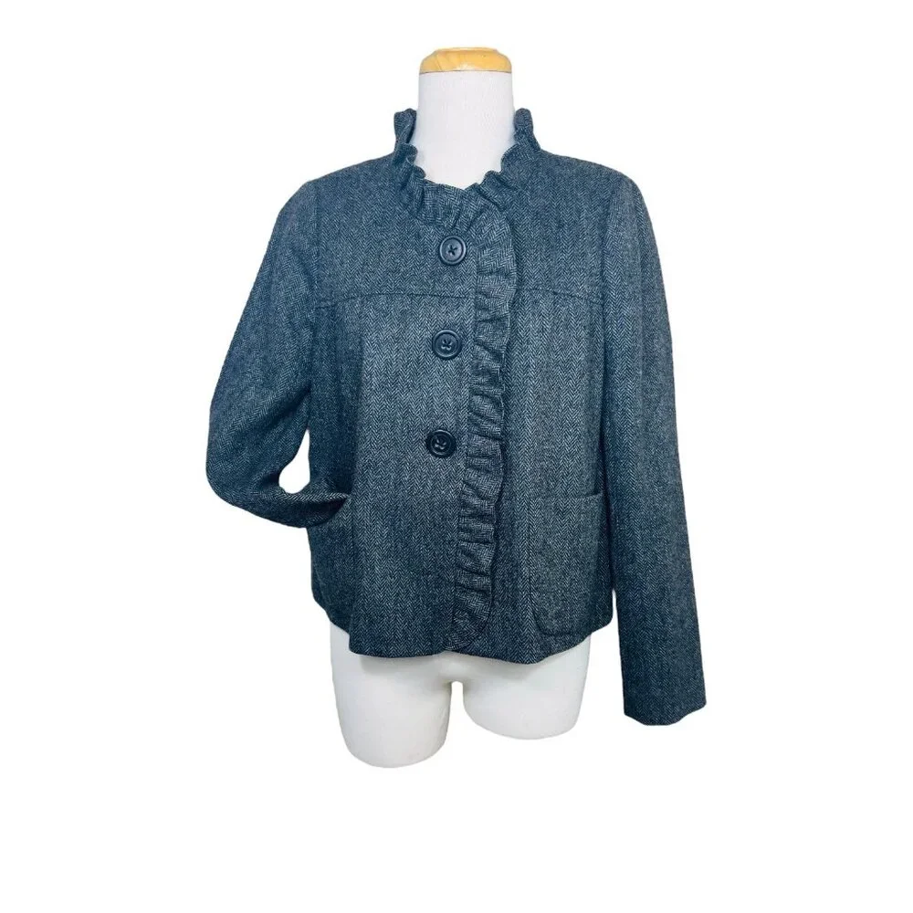 J. Crew Vintage Style Womens Herringbone Wool Blend Ruffle Collar Jacket - Picture 1 of 10